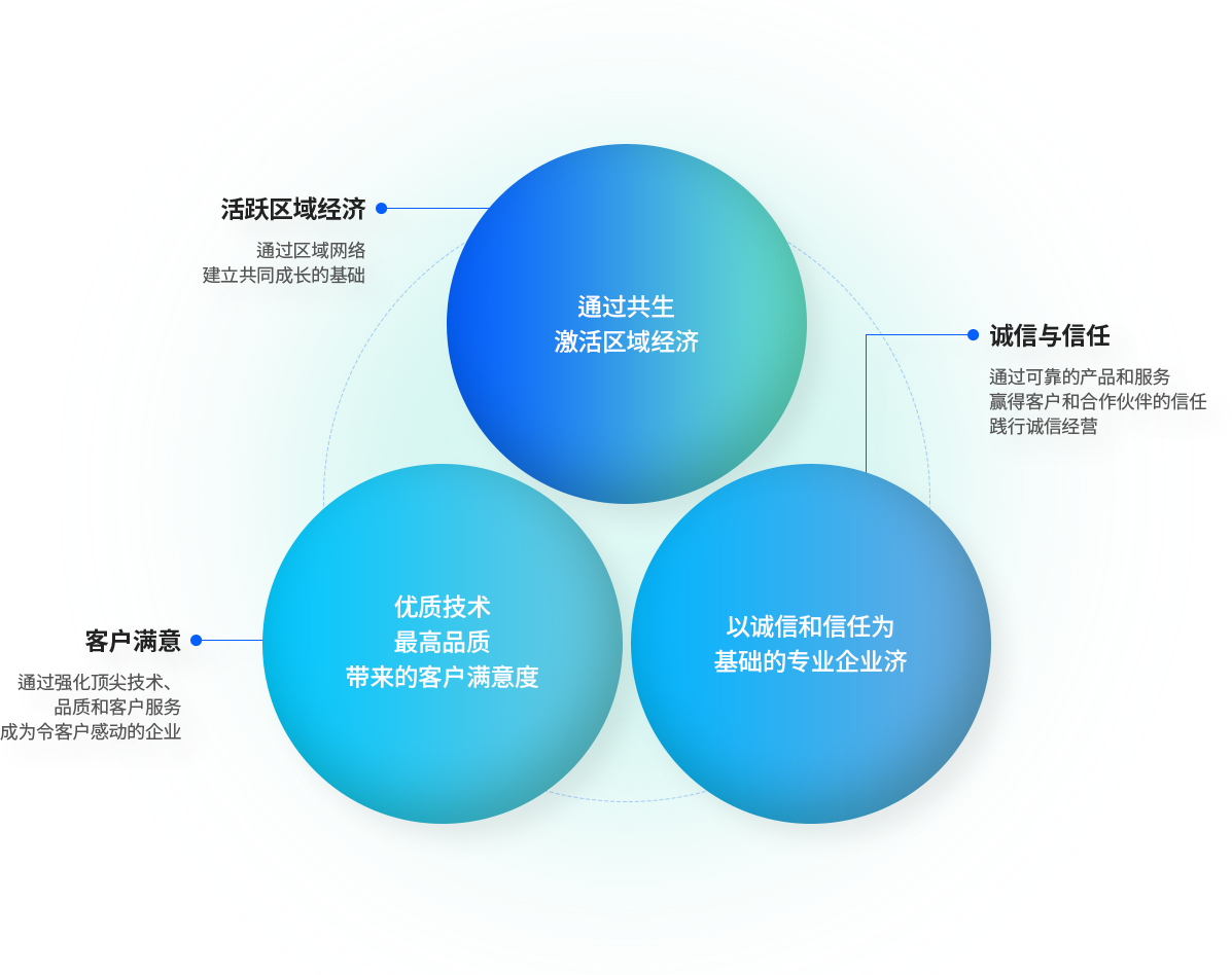 通过共生激活区域经济 - 活跃区域经济 : 通过区域网络建立共同成长的基础, 以诚信和信任为基础的专业企业济 - 诚信与信任 : 通过可靠的产品和服务赢得客户和合作伙伴的信任践行诚信经营, 优质技术最高品质带来的客户满意度 - 客户满意 : 通过强化顶尖技术、品质和客户服务成为令客户感动的企业